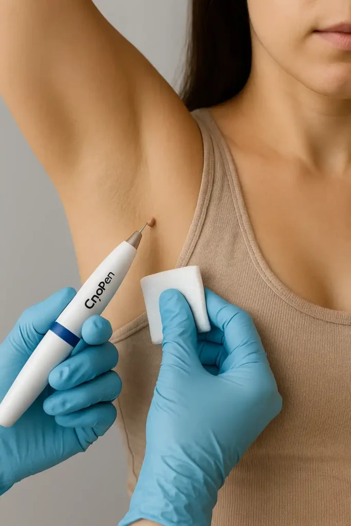woman having cryopen to remove underarm skin tags Barnet