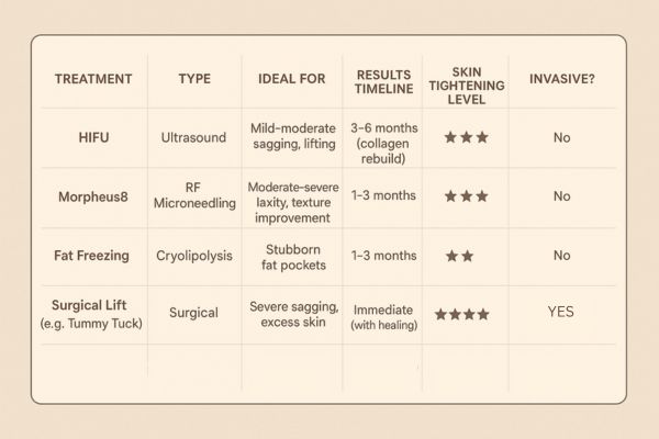 Table showing the comparisons of Skin tightening Barnet treatment options.